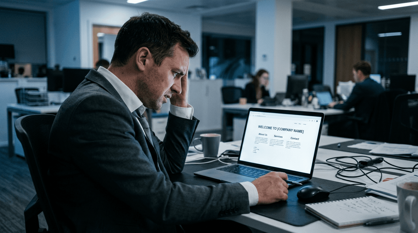 Frustrated business professional viewing laptop wondering why my website is not getting leads in dim office