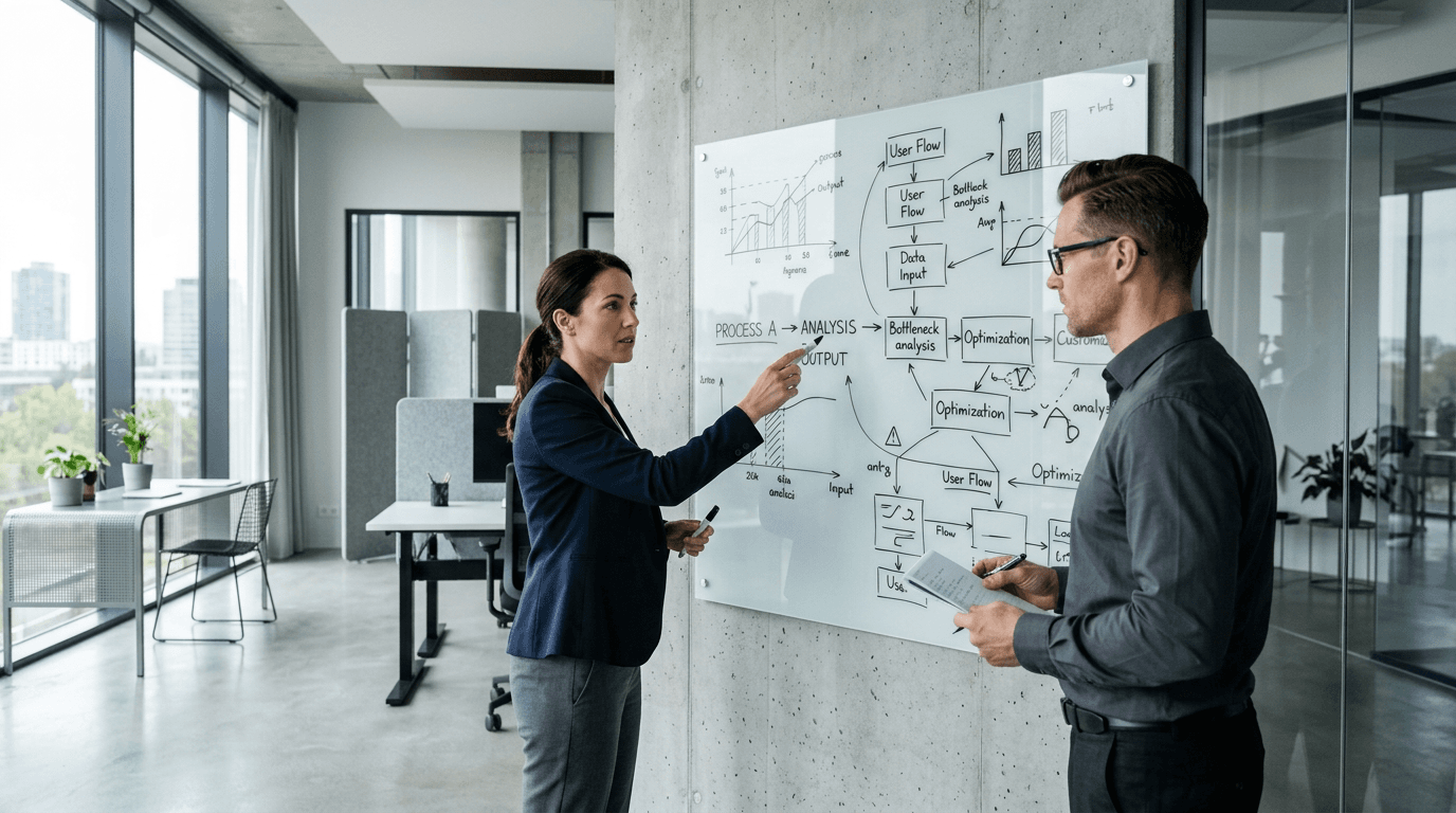 Professionals analyzing TOFU, MOFU, BOFU business process diagrams on a glass whiteboard in a minimalist office.